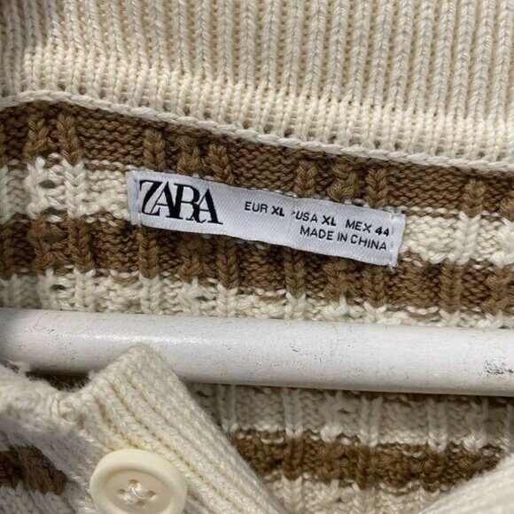 Zara Men's Striped Knit Long Sleeve XL Polo Taupe Brown And White Long Sleeve - Picture 2 of 8